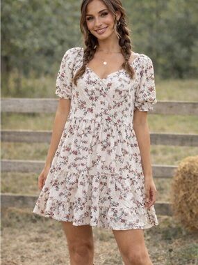 LOFT Cream Floral Sweetheart Mini Dress